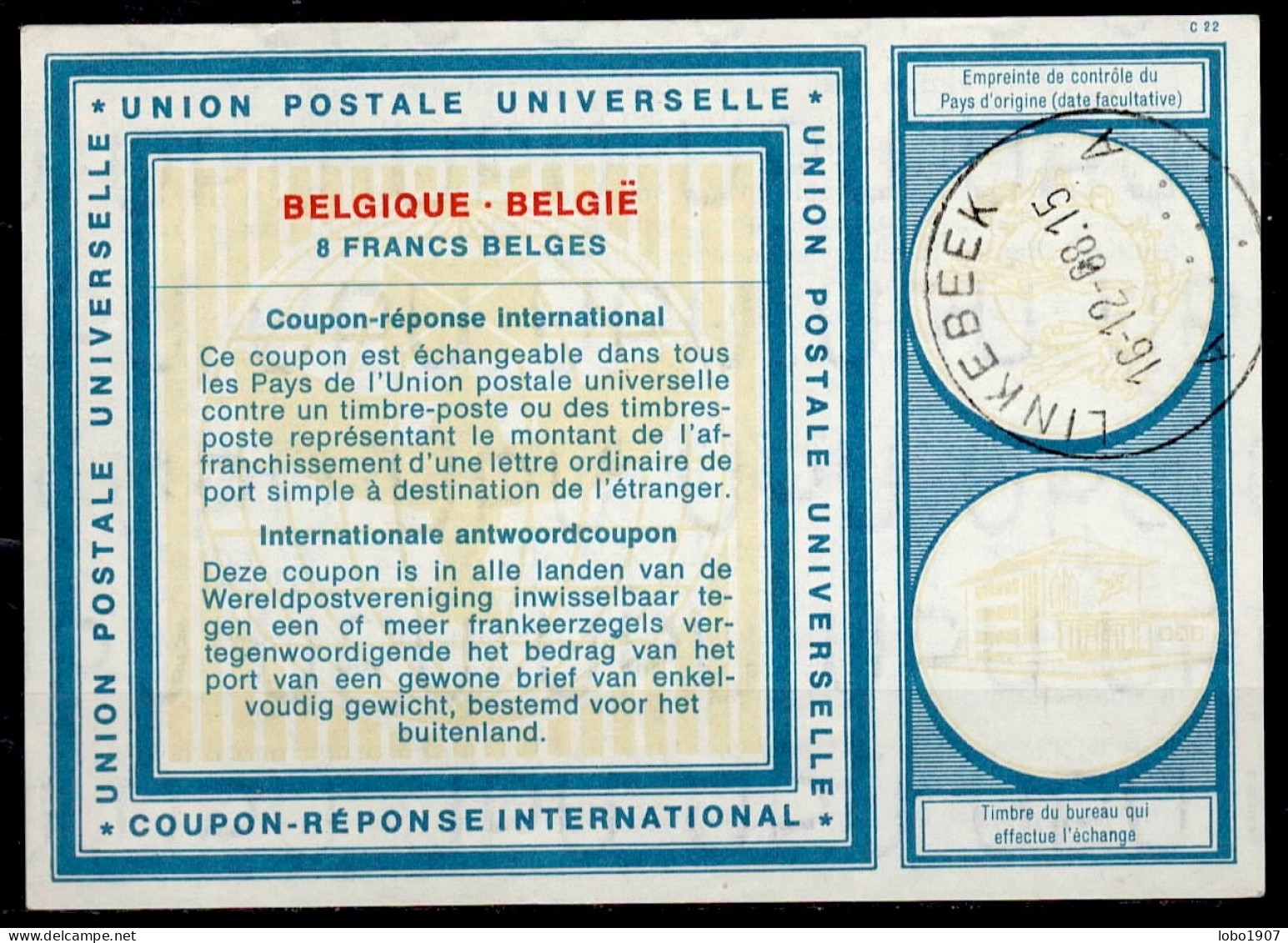 LINKEBEEK 16.12.68   BELGIQUE BELGIE BELGIUM  Vi19  8 FRANCS BELGES Int. Reply Coupon Reponse Antwortschein IAS IRC - Internationale Antwortscheine