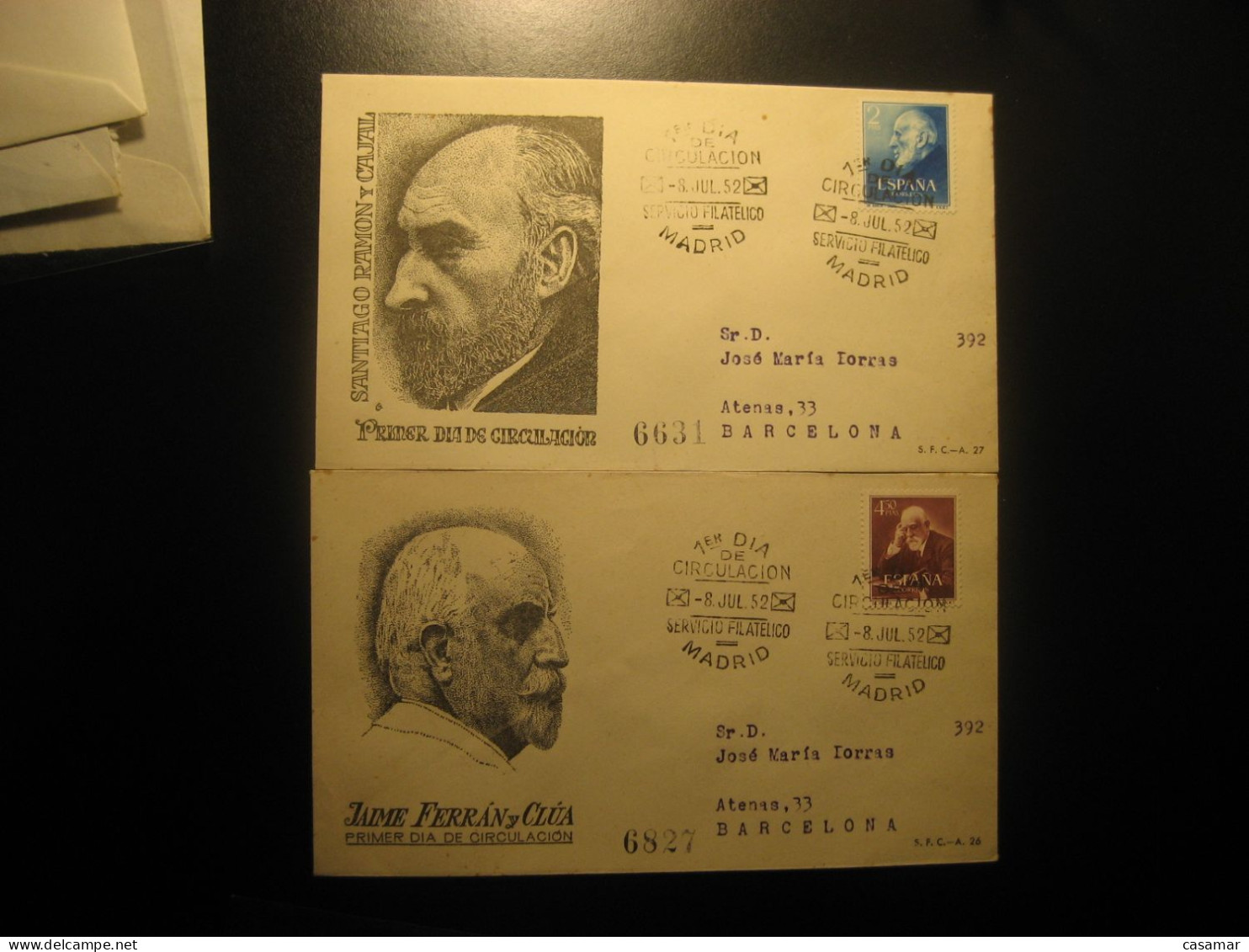 1952 Edifil 1119/20 (Cat. 2002: 36 Eur) Ramon Y Cajal Ferran Y Clua Science Nobel Prize Health Sante 2 FDC SPD Spain - FDC