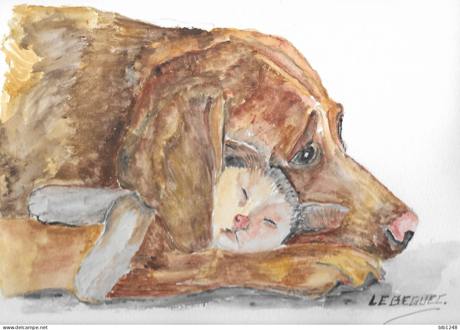 Art & Antiquités > Tableaux > Aquarelle Le Chien Et Le Petit Chat Aquarelle Originale De Bernard Le Beguec - Wasserfarben