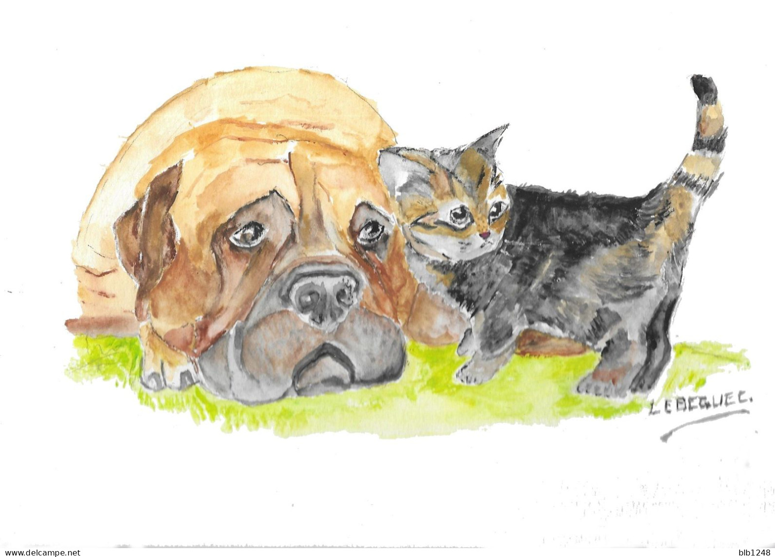 Art & Antiquités > Tableaux > Aquarelle Le Boxer Et Le Chaton Aquarelle Originale De Bernard Le Beguec - Watercolours