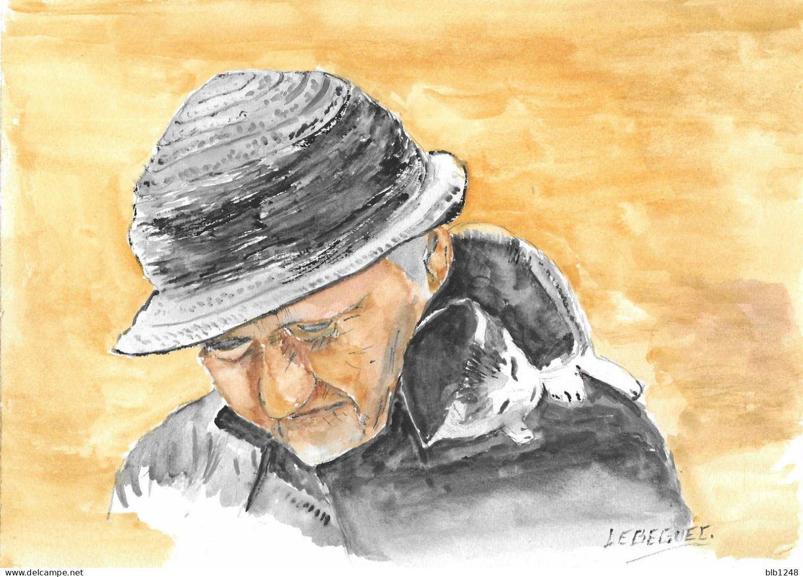 Art & Antiquités > Tableaux > Aquarelle La Mamie Au Chat Aquarelle Originale De Bernard Le Beguec - Aquarel