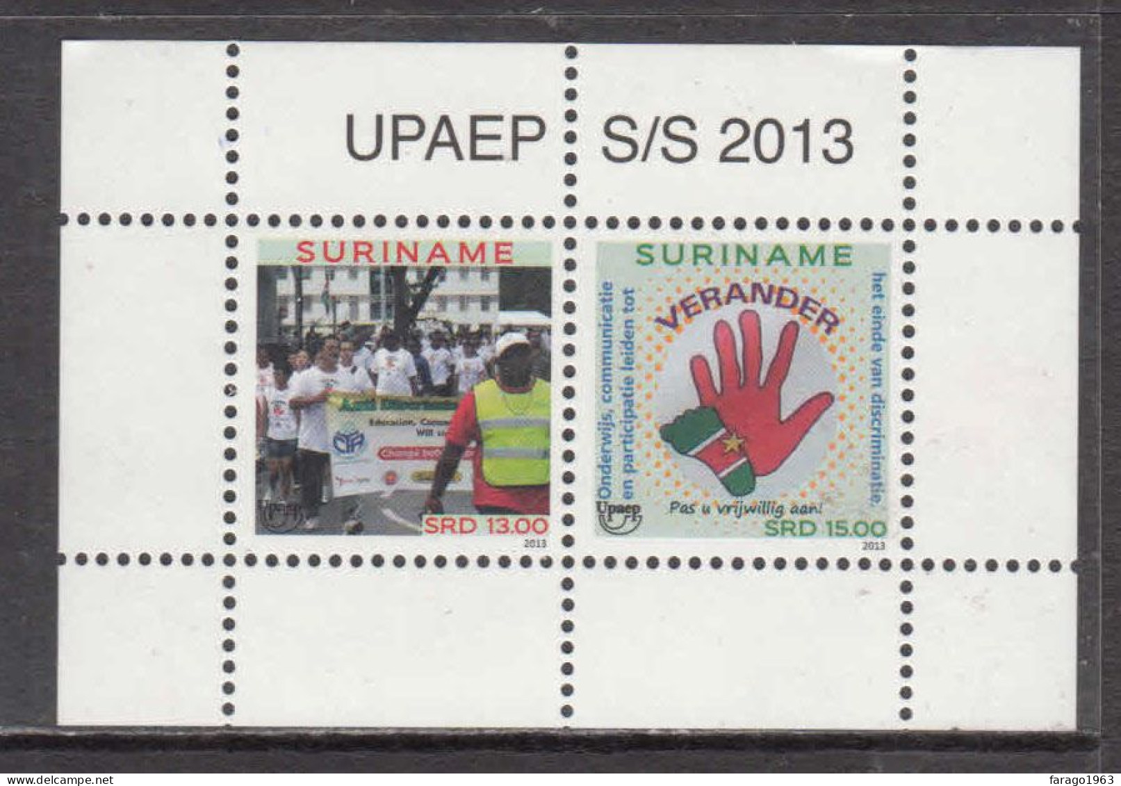 2013 Surinam Suriname Upaep Stop Discrimination Souvenir Sheet MNH - Surinam