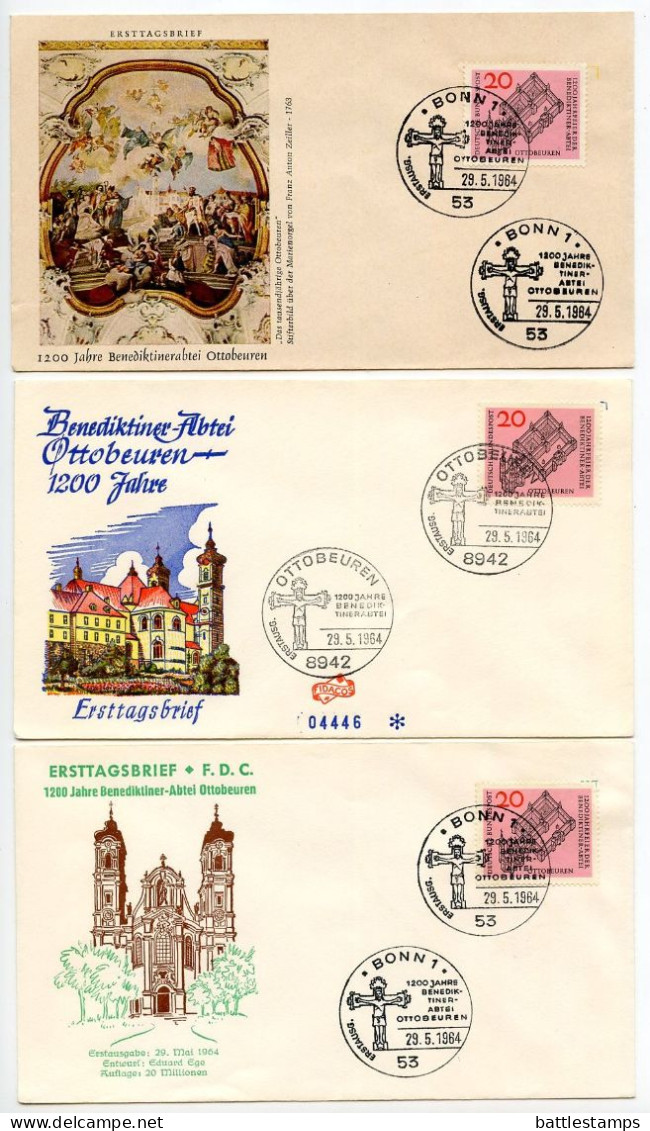 Germany, West 1964 3 FDCs Scott 880 Ottobeuren Benedictine Abbey 1200th Anniversary; Bonn & Ottobeuren Postmarks - 1961-1970