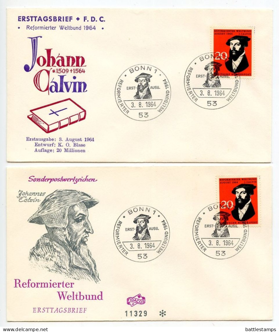 Germany, West 1964 2 FDCs Scott 891 Johann Calvin, Reformierter Weltbund - 1961-1970