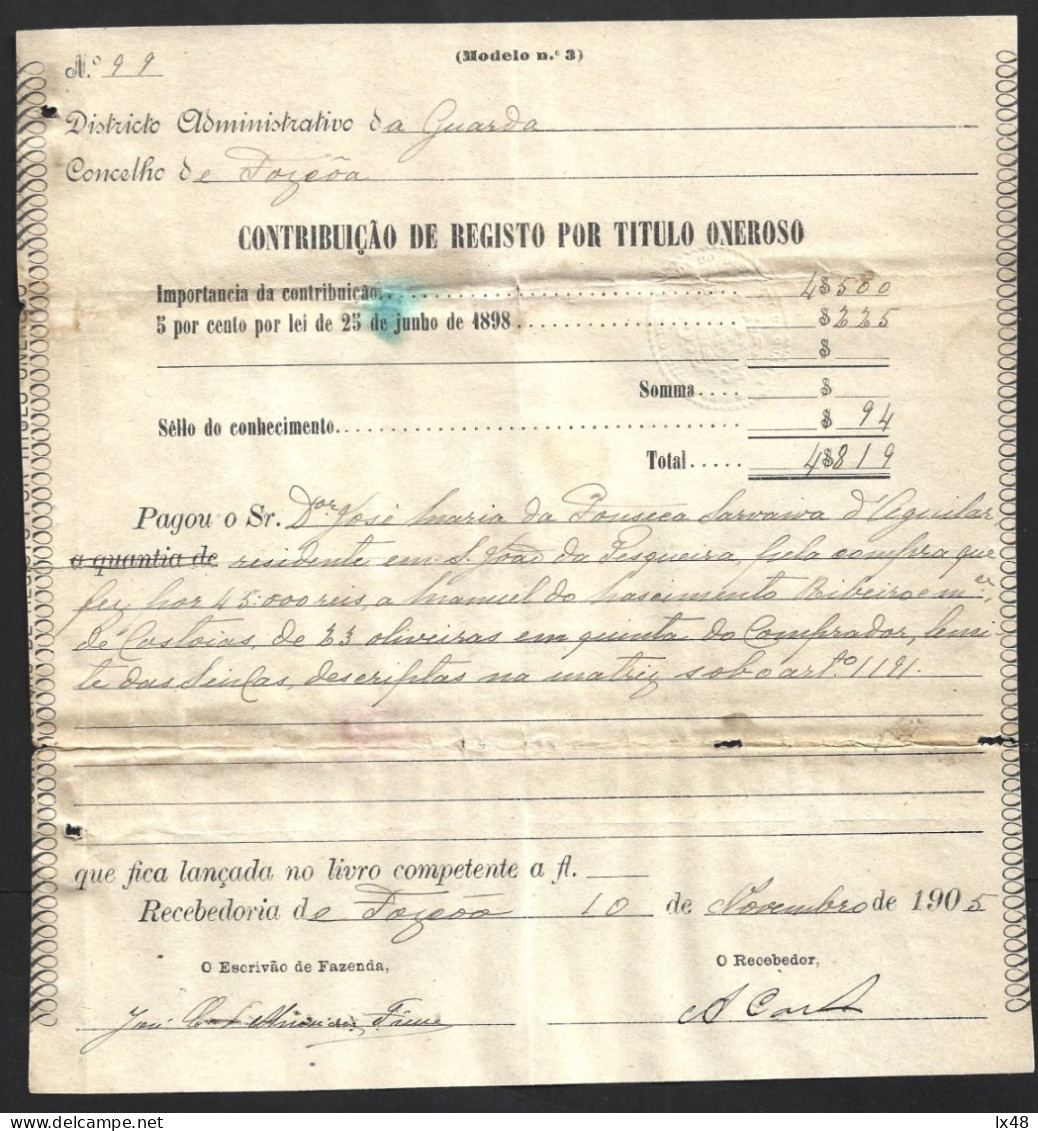 Recibo Da Contribuição De Registo Por Titulo Oneroso De Escritura   De Vila Nova De Foz Côa Em 1905, Guarda. Receipt Of - Brieven En Documenten