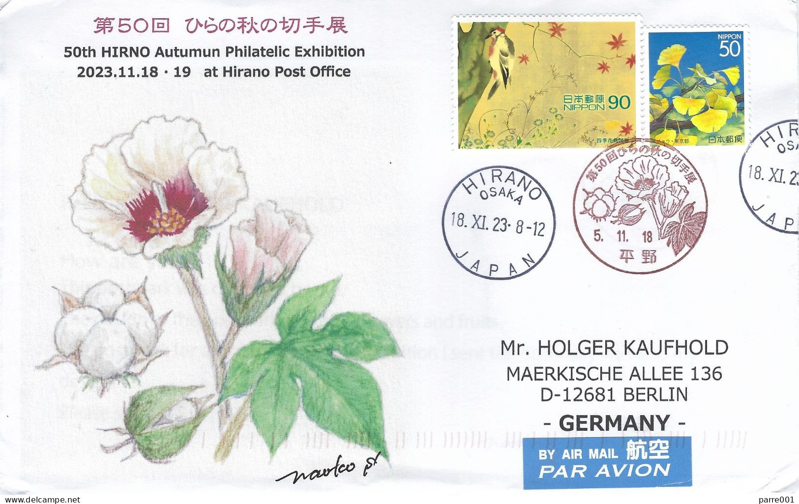 Japan 2023 Hirano Woodpecker Gingko Tree Leaves Cotton Flower Postmark Cover - Spechten En Klimvogels