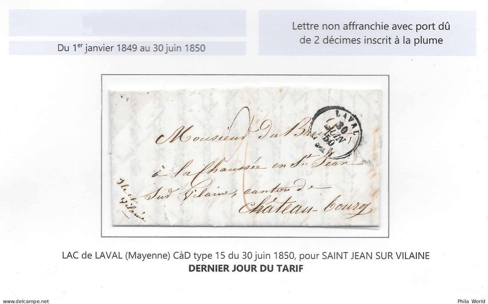 Lettre LAC 1850 LAVAL Mayenne Tàd Type 15 Du 30 Juin Pour Saint Jean Sur Vilaine Ile 2 Décimes DERNIER JOUR DU TARIF - Sonstige & Ohne Zuordnung