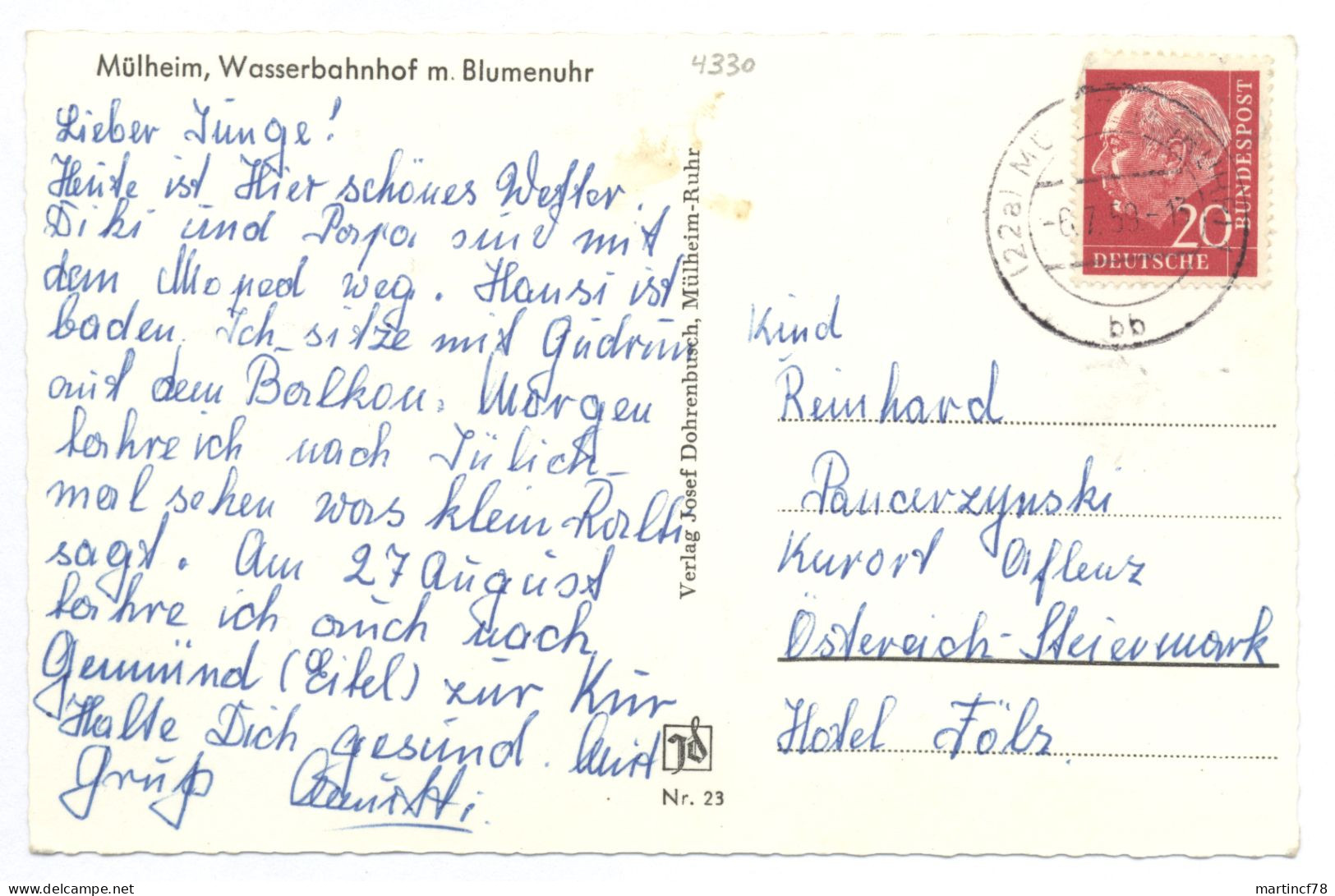 4330 Mülheim Wasserbahnhof M. Blumenuhr Gel. 1959 - Muelheim A. D. Ruhr
