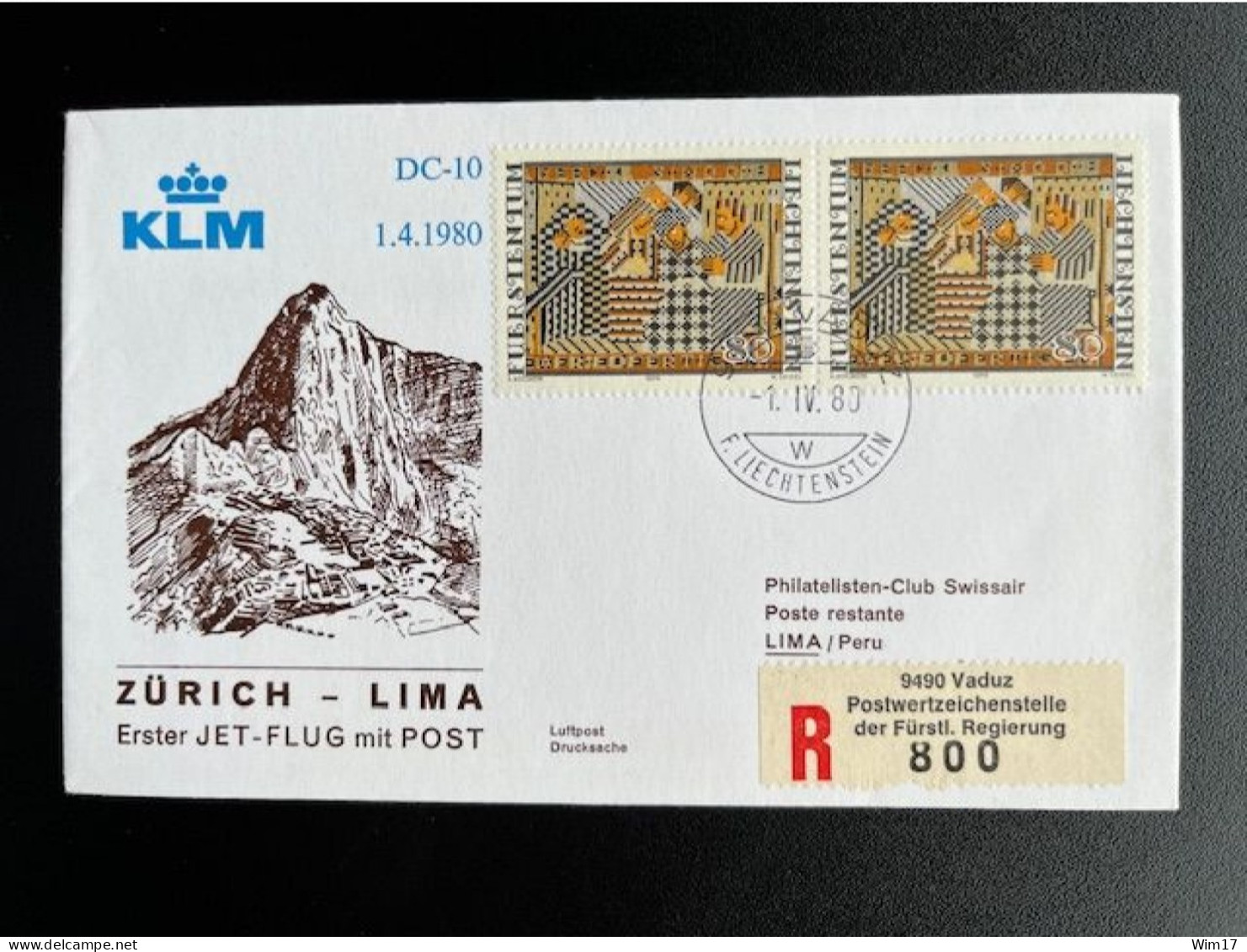 LIECHTENSTEIN 1980 REGISTERED FIRST FLIGHT COVER ZURICH TO LIMA 01-04-1980 EINSCHREIBEN RECOMMANDEE - Storia Postale