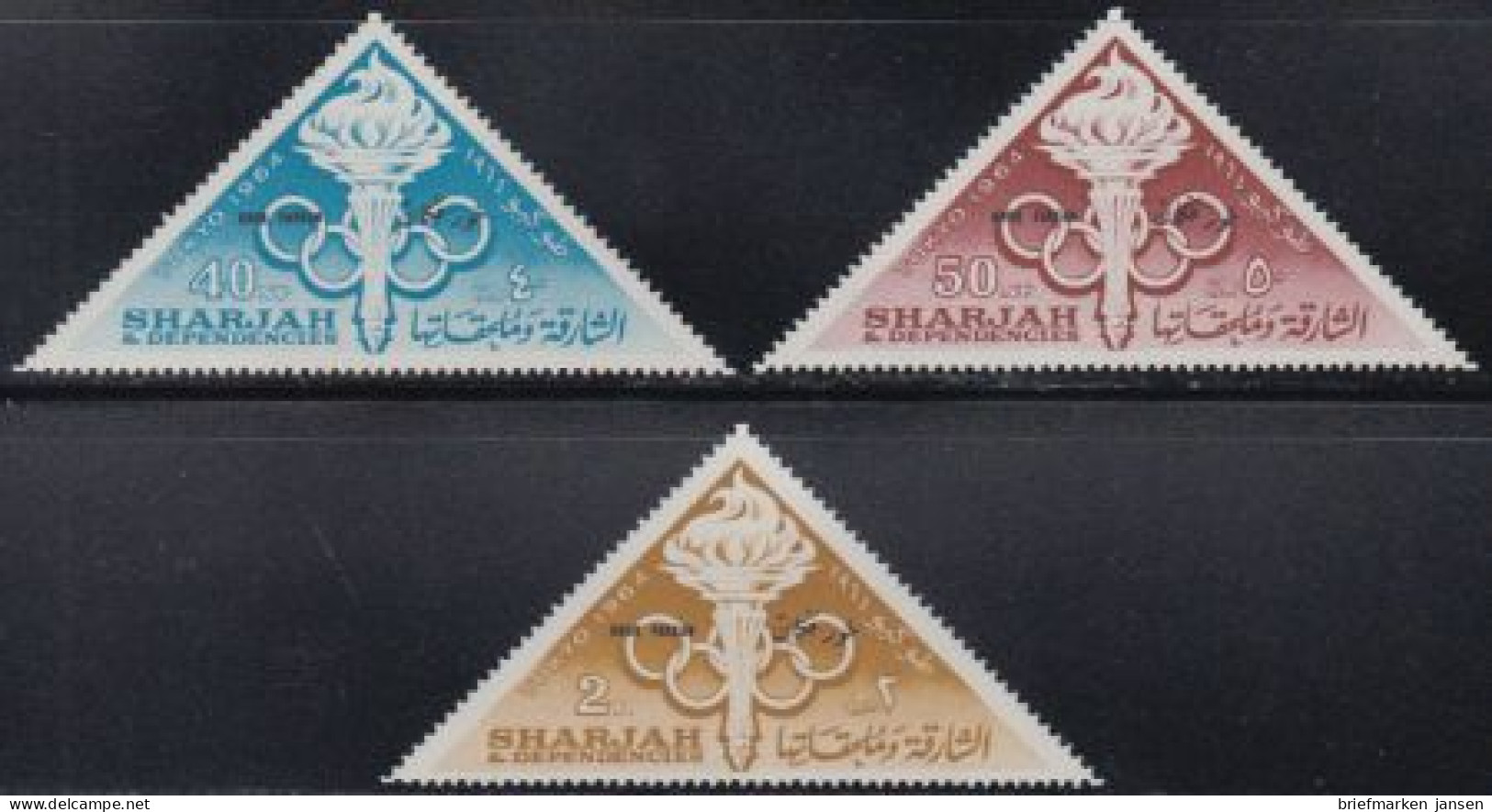 Sharjah Khor Fakkan Mi.Nr. 15-17A Olympia 1964 Tokio, Olymp.Ringe, Fackel (3 W.) - Schardscha