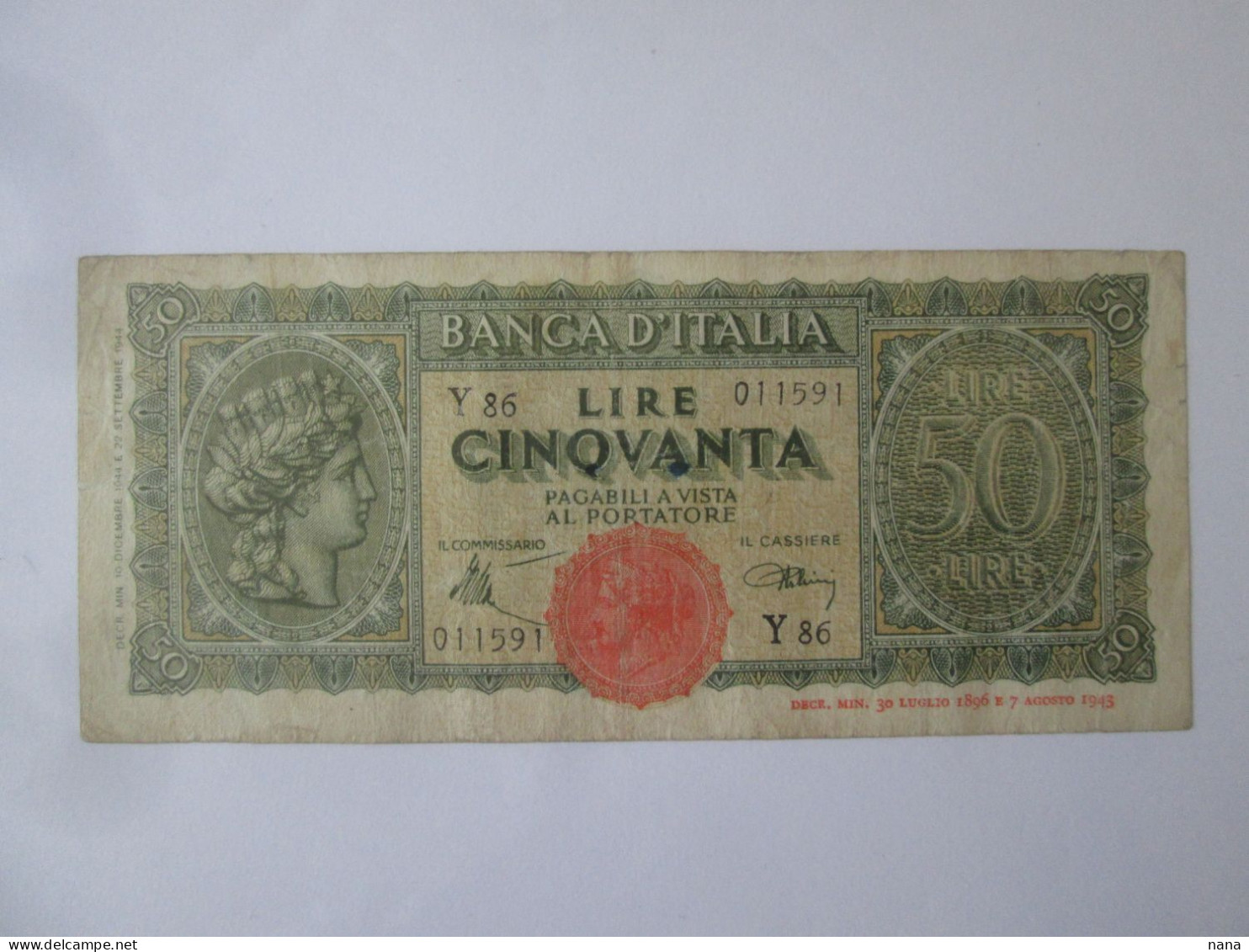 Italy 50 Lire 1944 Banknote See Pictures - 50 Liras