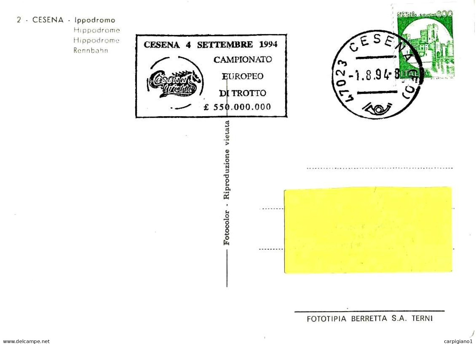 ITALIA ITALY - 2000 CESENA (FO) Campionato Europeo Trotto Annullo A Targhetta Su Cartolina Ippodromo - 9456 - 1991-00: Storia Postale