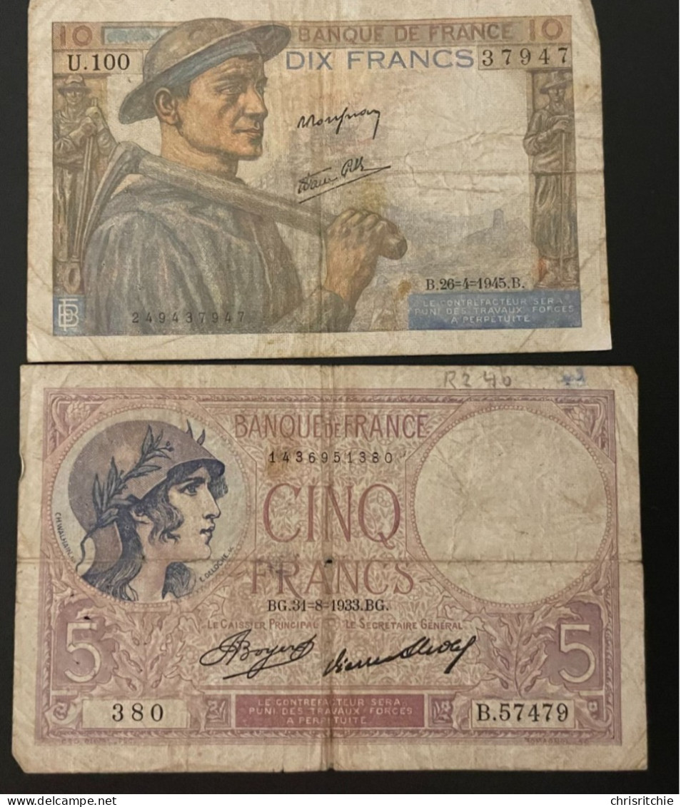 Billet, France, 5 Francs, 5 F 1917-1940 ''Violet'', 1933.Billet 10 Francs Mineur 1947 - 5 F 1917-1940 ''Violet''