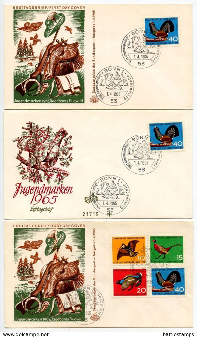 Germany, West 1965 9 FDCs Scott B404-B407 Birds - Woodcock, Ring-necked Pheasant, Black Grouse, Capercallie