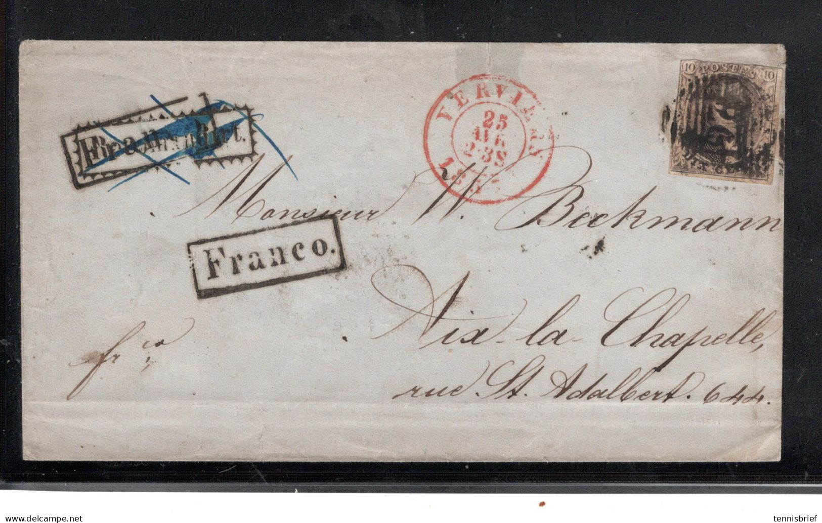 1853, 10 C Claire "26"  Rouge " VERVIERS -25. AVRIL 1853 " Lettre Pour Aix-la Chapelle, Rayon Limitrophe !! Rare!! #1703 - 1851-1857 Medaillons (6/8)