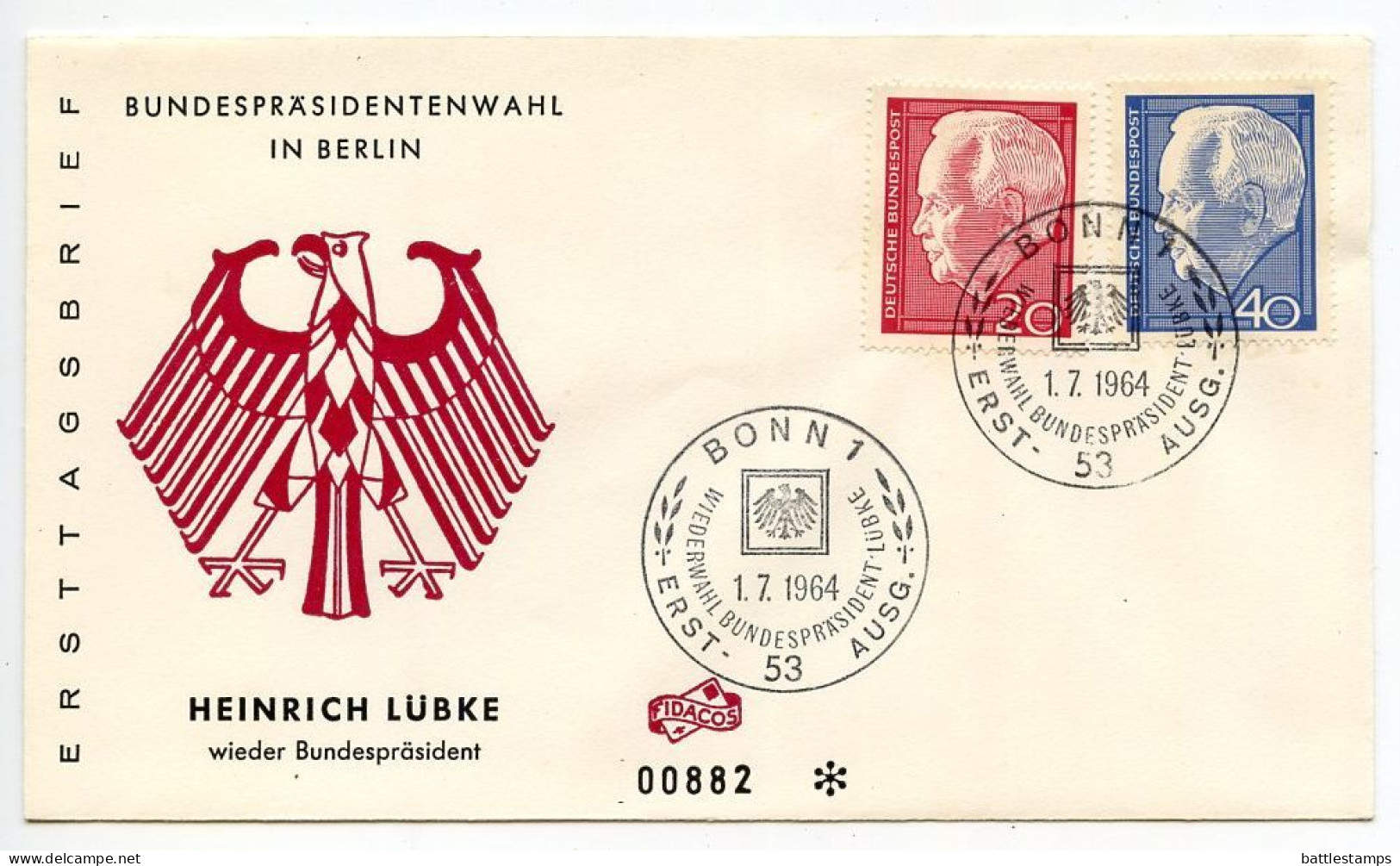 Germany, West 1964 FDC Scott 881-882 President Heinrich Lübke - 1961-1970