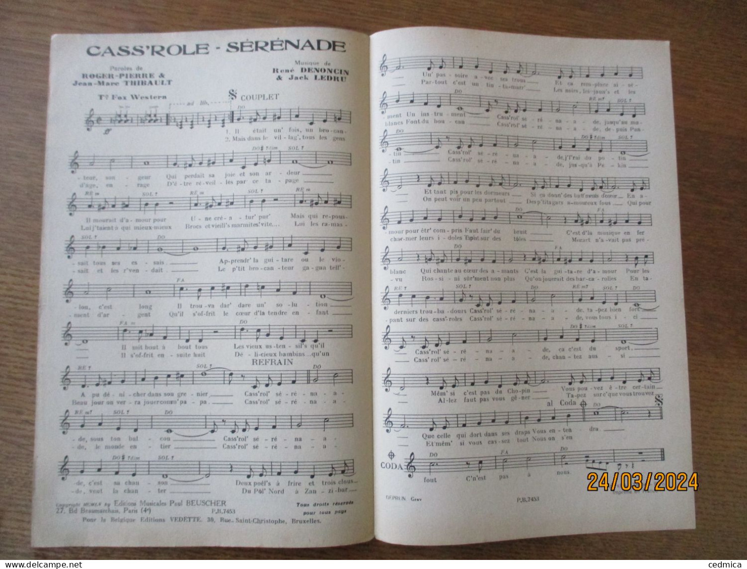 CASS'ROLE-SERENADE UNE CHANSON QUI CASSE TOUT ROGER PIERRE ET JEAN MARC THIBAULT MUSIQUE DE RENE DENONCIN & JACK LEDRU - Partitions Musicales Anciennes