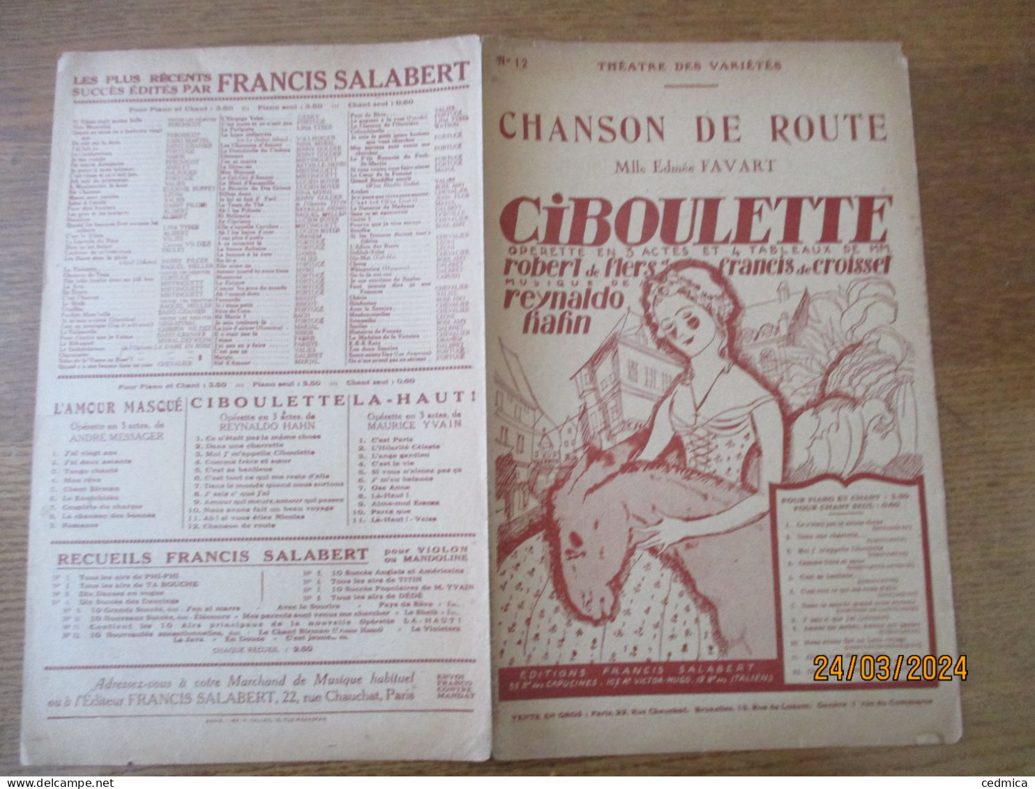 CHANSON DE ROUTE LIVRET DE ROBERT DE FLERS ET FRANCIS DE CROISSET MUSIQUE DE REYNALDO HAHN - Partitions Musicales Anciennes