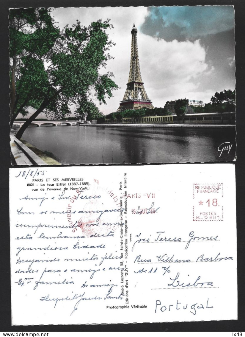 Postcard Of Eiffel Tower With Pennant Circulated In 1955. Ansichtkaart Van Eiffeltoren. Postkarte Des Eiffelturms Mit Wi - Monuments