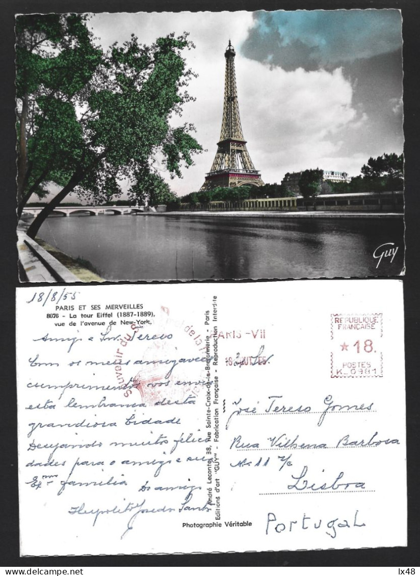 Postcard Of Eiffel Tower With Pennant Circulated In 1955. Ansichtkaart Van Eiffeltoren. Postkarte Des Eiffelturms Mit Wi - Monumentos