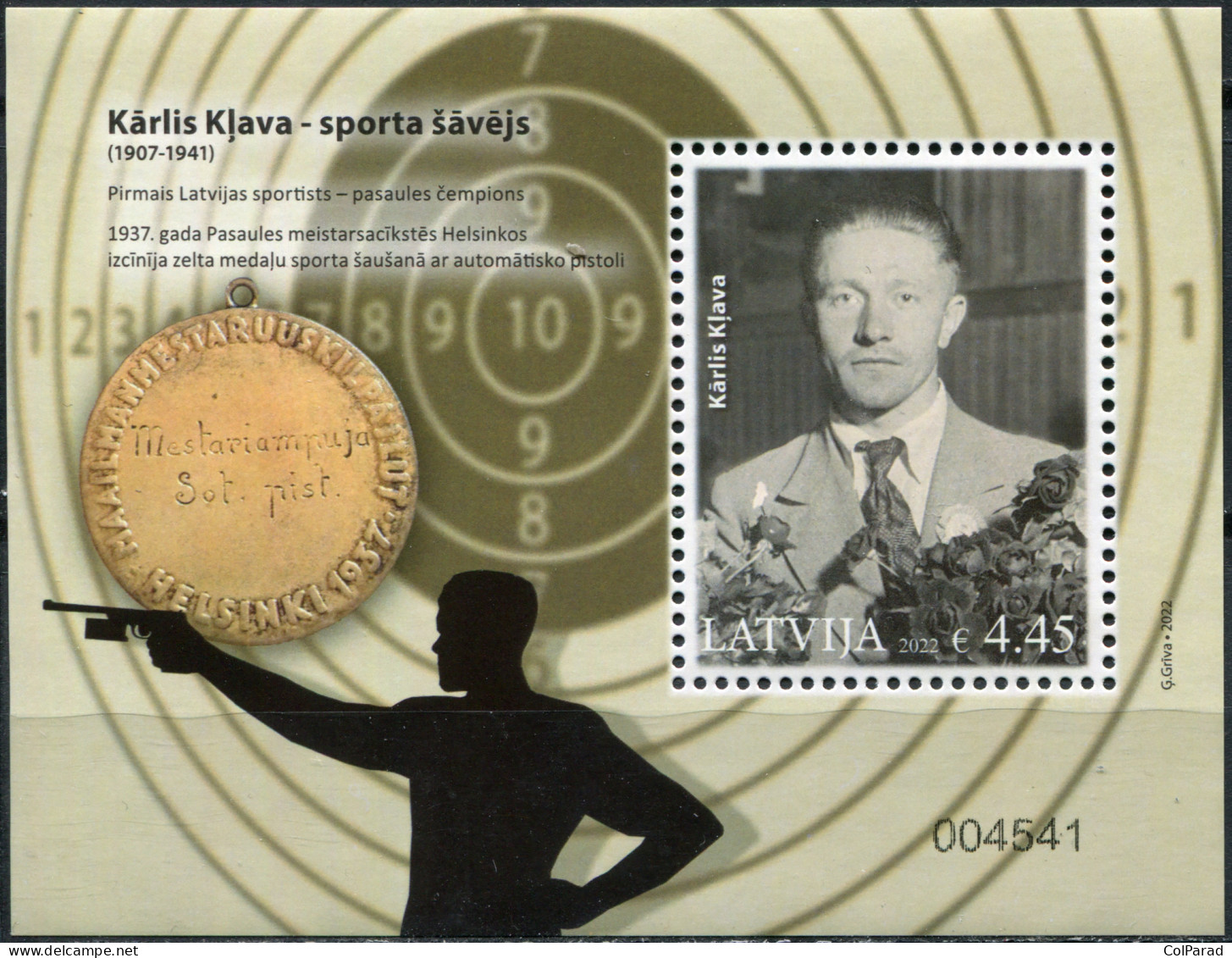 LATVIA - 2022 - S/S MNH ** - Shooting Champion, Karlis Klava, 1907-1941 - Letland