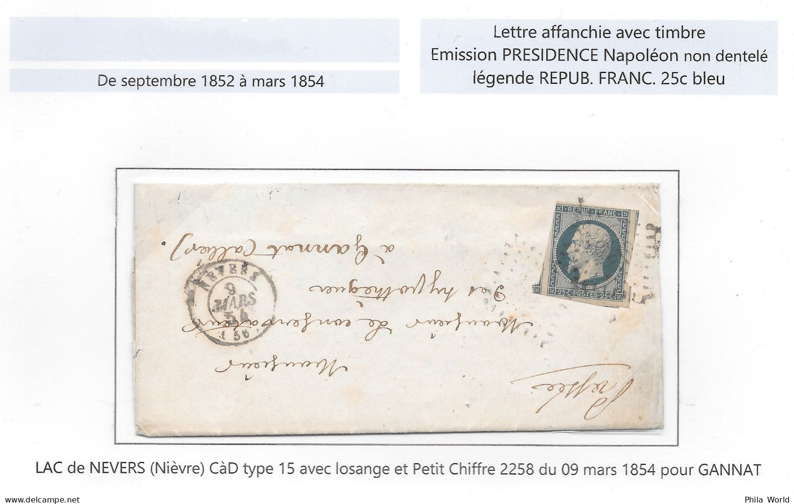 Lettre LAC 1854 Presidence Napoleon ND 25c Bleu NEVERS Nièvre PC 2258 Tàd Type 15 Du 9 Mars Pour GANNAT Allier - 1852 Louis-Napoleon