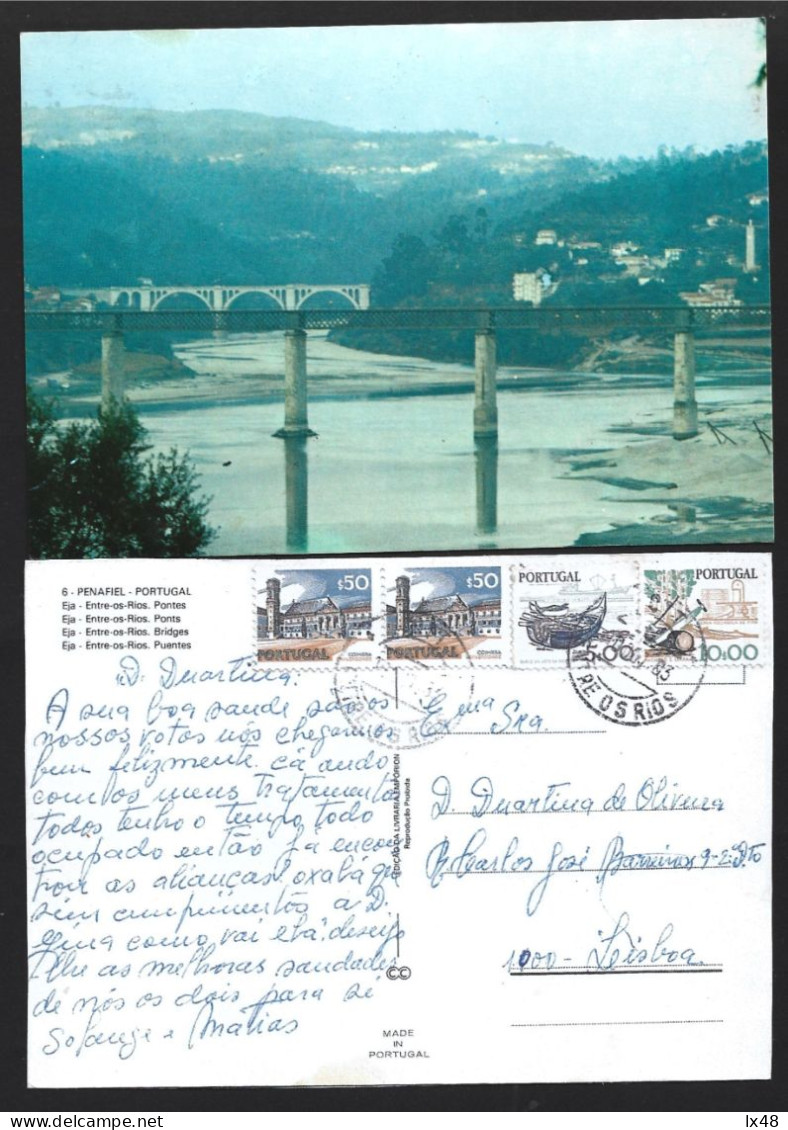 Postal Das Pontes De Entre-os-Rios, Penafiel. Obliteração De Entre-os-Rios 1963. Selos Coimbra, Arte Xavega E Serração - Covers & Documents