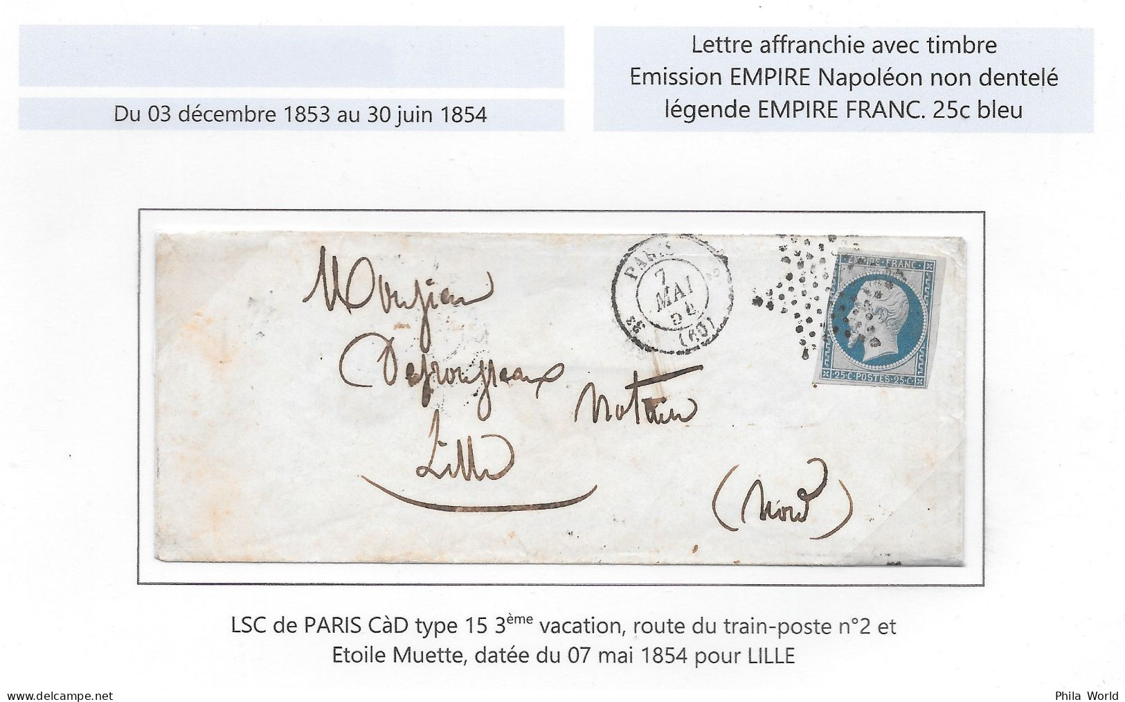 Lettre LSC 1854 Empire Napoleon ND 25c Bleu PARIS Tàd Type 15 3ème Vacation Route Train Poste étoile Muette > LILLE Nord - 1853-1860 Napoléon III.