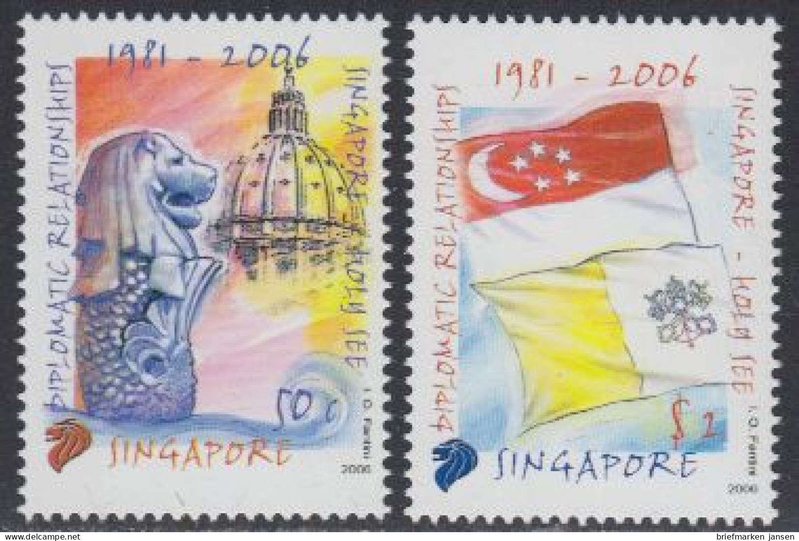 Singapur Mi.Nr. 1626-27A 25J. Diplomatische Beziehungen Zum Vatikan (2 Werte) - Singapour (1959-...)
