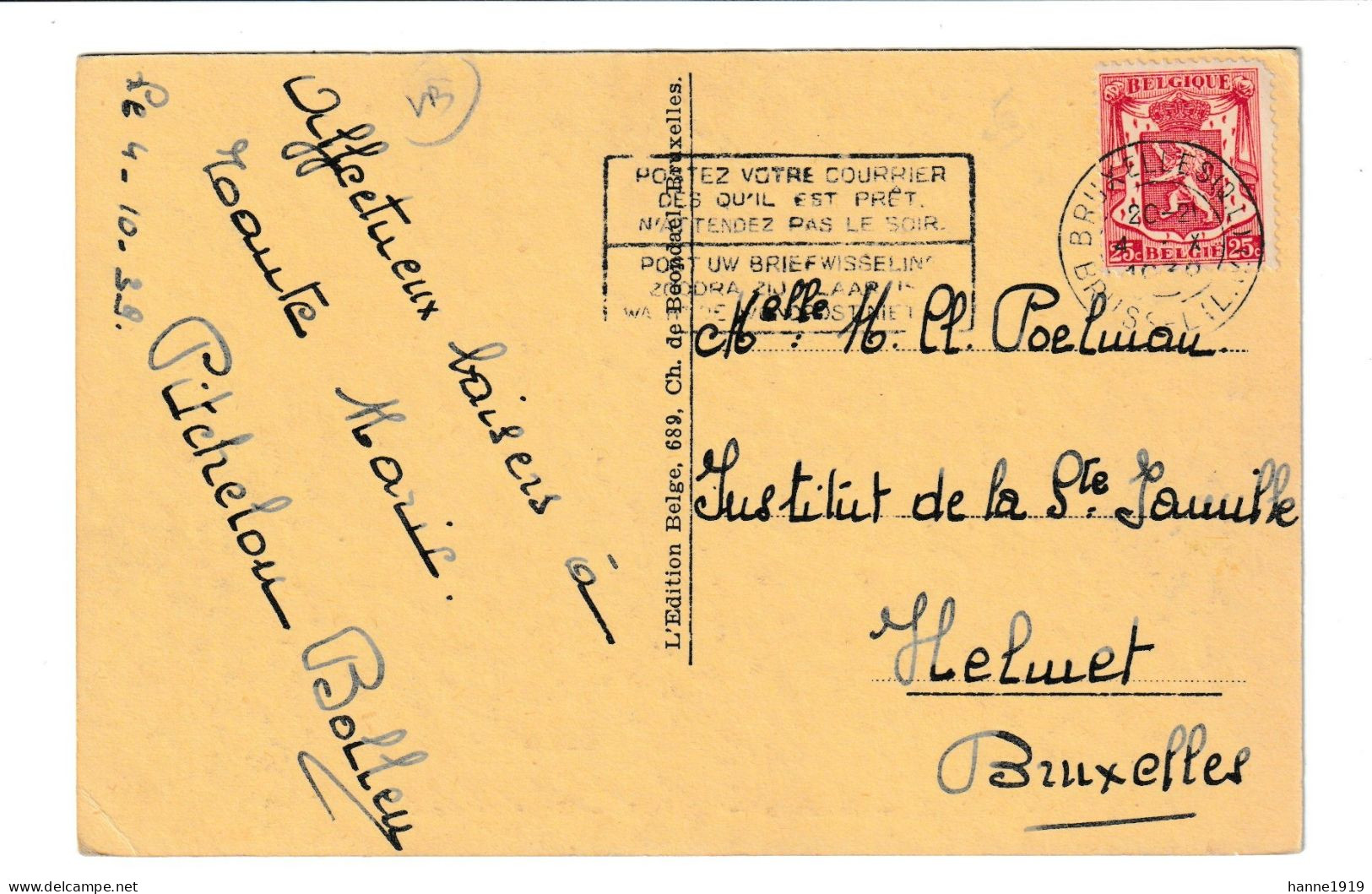 Halle Kerk Algemeen Zicht Briefstempel 1939 Bruxelles Htje - Halle