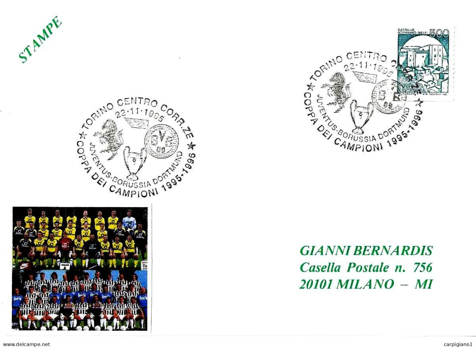 ITALIA ITALY - 1995 TORINO Coppa Campioni 1995-96 JUVENTUS-BORUSSIA DORTMUND 1-2 - 7826 - 1991-00: Storia Postale