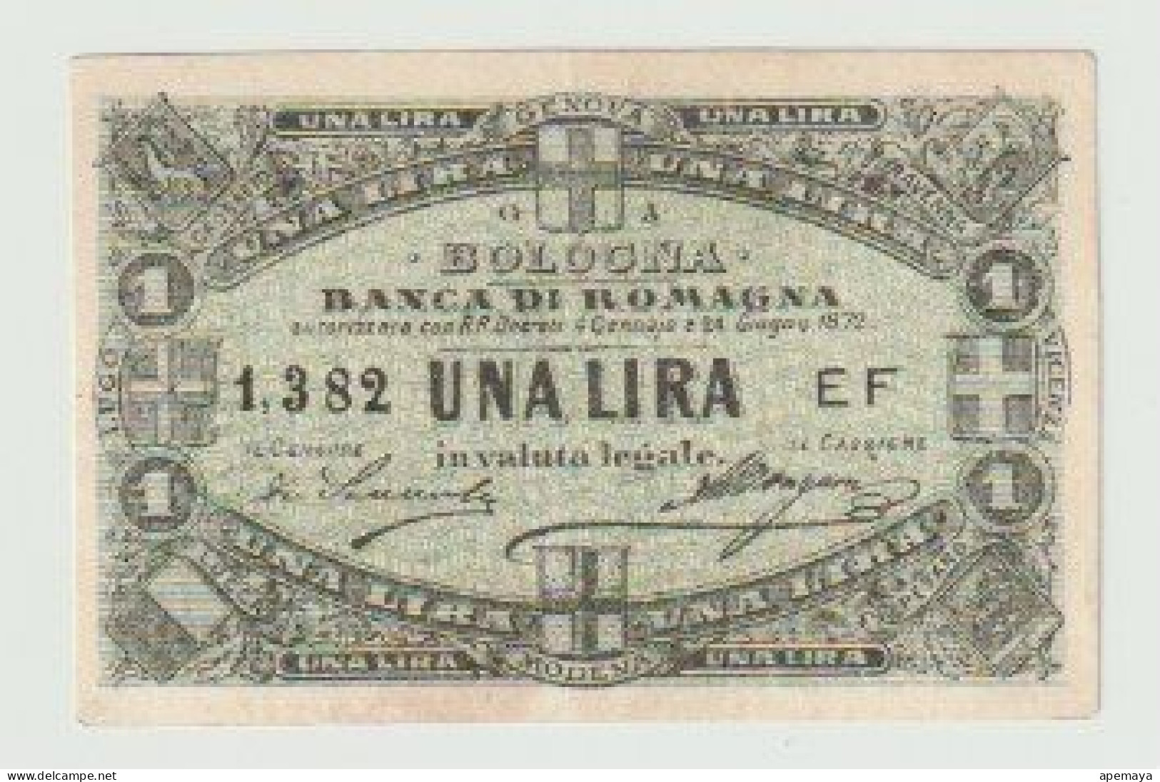 1872, BANCA DI ROMAGNA, BOLOGNA, UNA LIRA. NO PIEGHE, NO FORI. VEDI FOTO. - Altri & Non Classificati