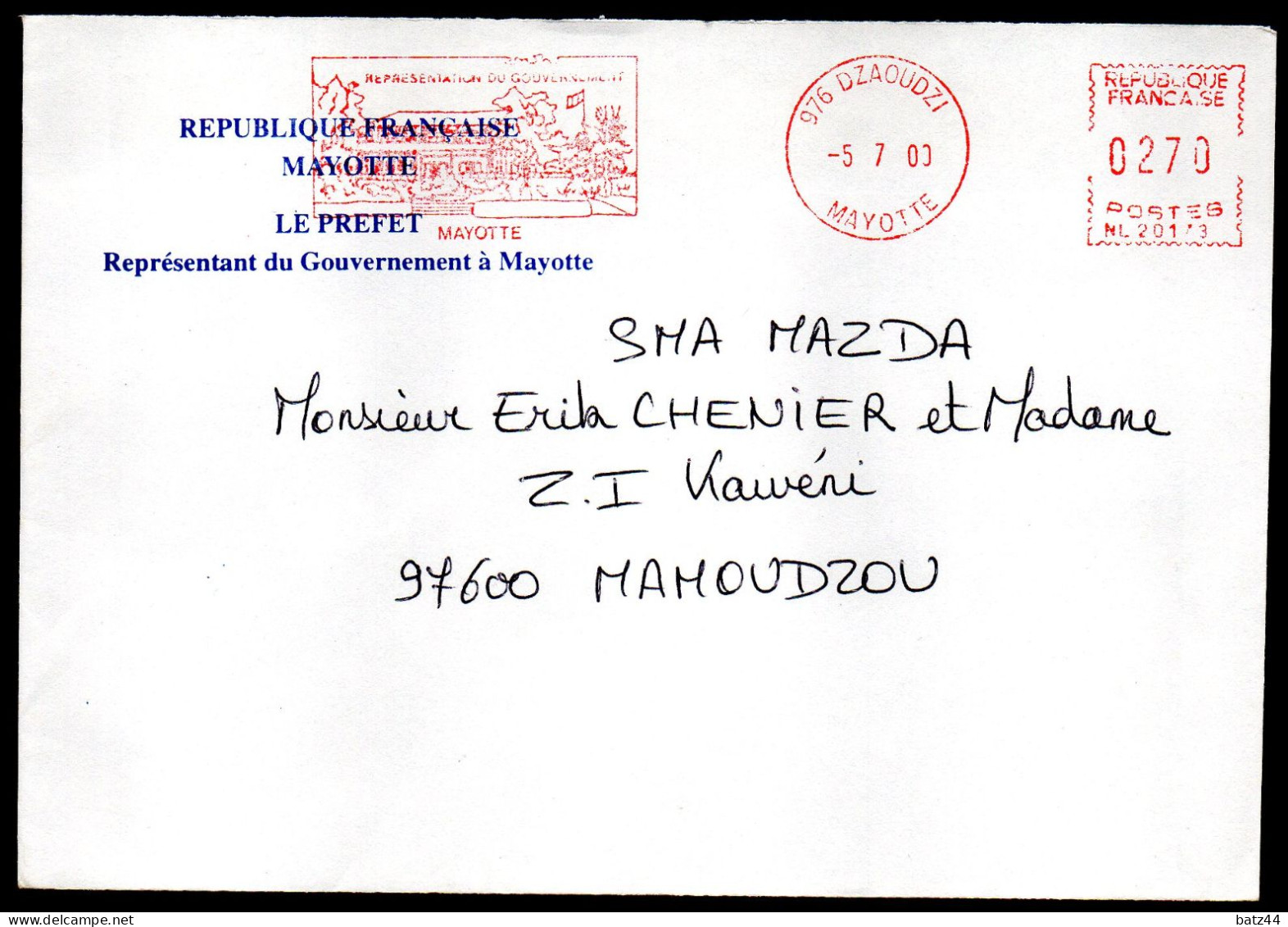 Mayotte Dzaoudzi 05 07 2000 EMA Flamme Illustrée Représentation Du Gouvernement - Storia Postale