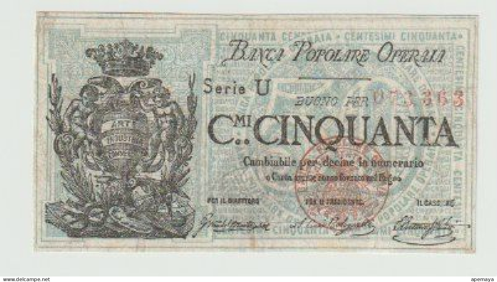 1872, BANCA POPOLARE OPERAIA, 50 CENTESIMI. PRESSATA MA NO STRAPPI O BUCHI. VEDI FOTO. - Otros & Sin Clasificación