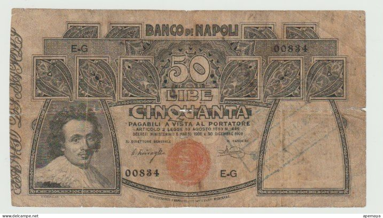 BANCO DI NAPOLI, 100 LIRE 1909. RARO. - Andere & Zonder Classificatie