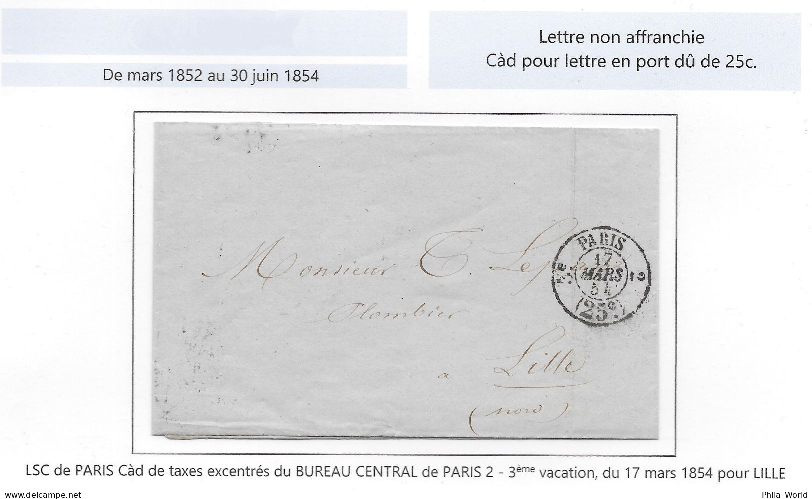 Lettre LSC 1854 Tàd PARIS 2 3ème Vacation Taxe Excentré BUREAU CENTRAL 25c Pour LILLE Nord - Autres & Non Classés