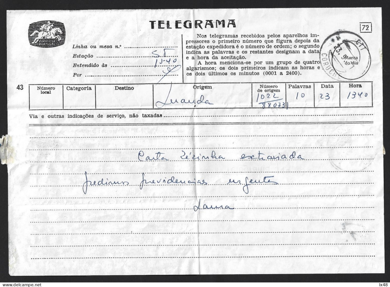 Telegrama Expedido De Angola 1971 Com Obliteração De Coruche, Santarém. Telegram Sent From Angola In 1971 With The Oblit - Storia Postale