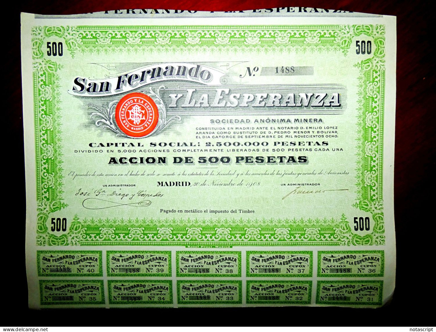San Fernando Y La Esperanza ,Madrid 1908, Mines, Share Certificate - Mines