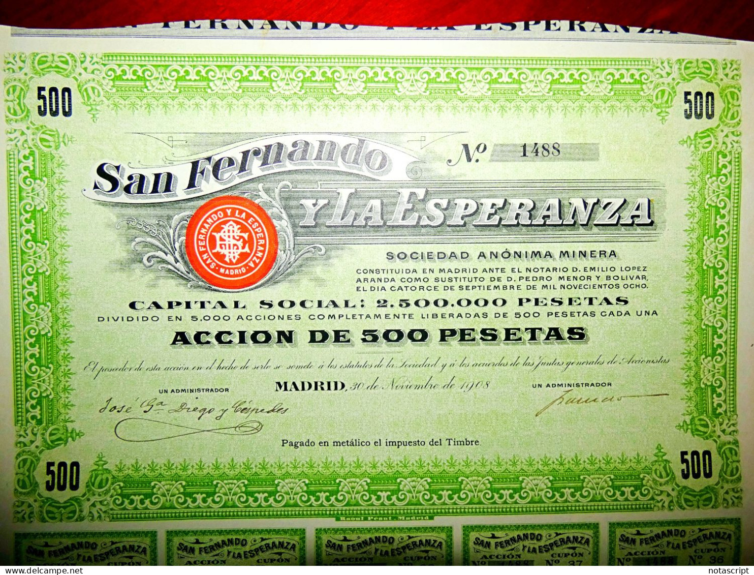 San Fernando Y La Esperanza ,Madrid 1908, Mines, Share Certificate - Mijnen