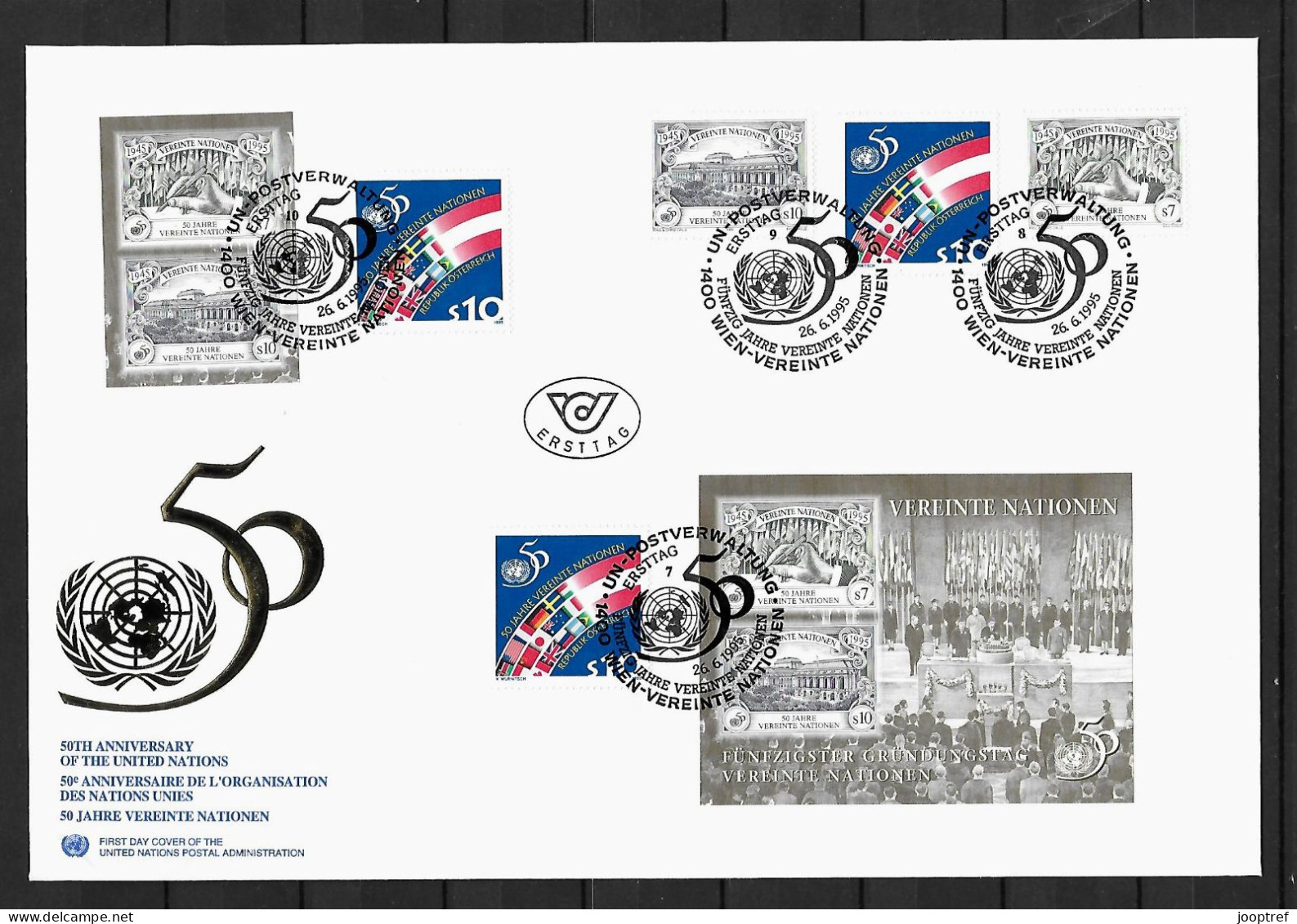 1995 Joint/Gemeinschaftsausgabe UN Vienna And Austria, MIXED FDC WITH ALL STAMPS + BLOCKS: UN 50 Years - Joint Issues