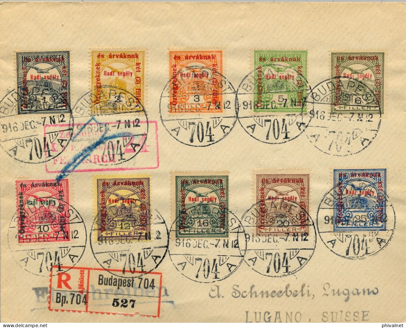 1916 HUNGRIA , BUDAPEST - LUGANO , MAGNÍFICO SOBRE CERTIFICADO , CENSURA , LLEGADA , YV. 142 / 151 - Storia Postale