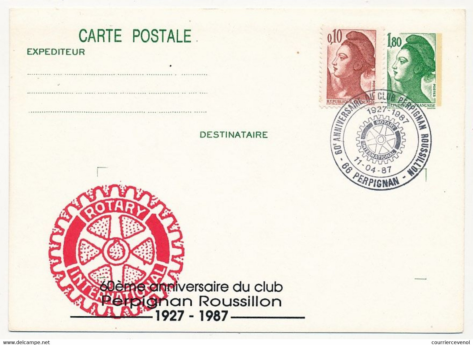 Entier Repiqué - C.P. 1,80 Liberté - 60eme Anniversaire Rotary Club Perpignan Roussillon - PERPIGNAN - 11/04/1987 - AK Mit Aufdruck (vor 1995)