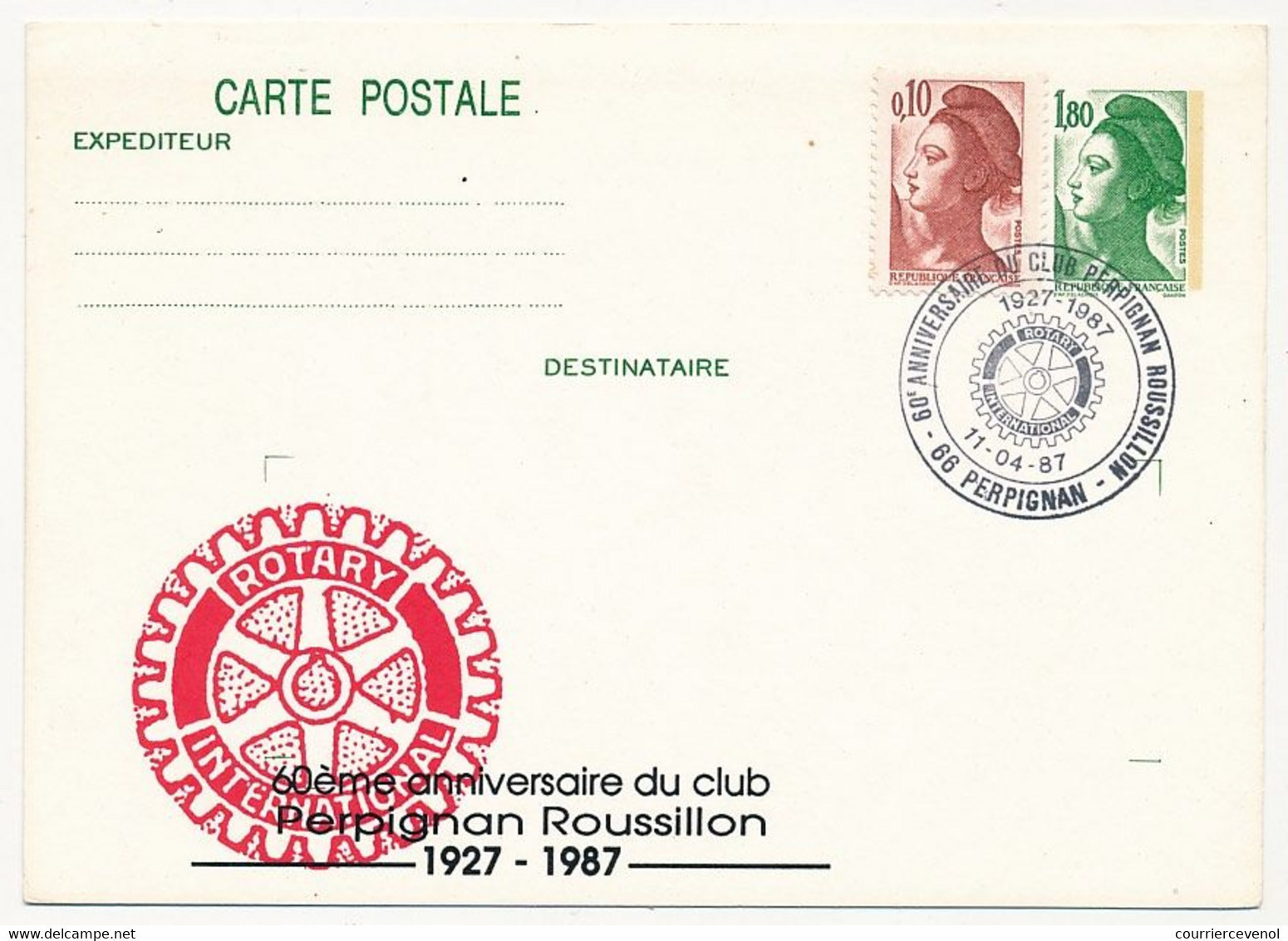 Entier Repiqué - C.P. 1,80 Liberté - 60eme Anniversaire Rotary Club Perpignan Roussillon - PERPIGNAN - 11/04/1987 - Postales  Transplantadas (antes 1995)