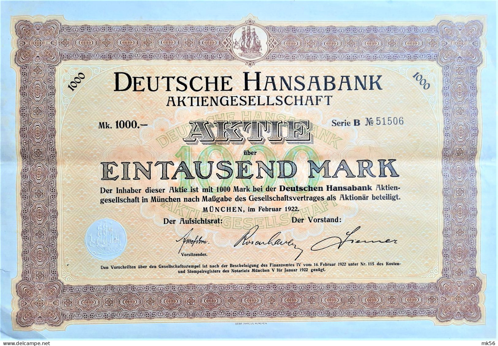 Deutsche HansaBank AG - 1922 - München - Aktie über 1000 Mark - Bank & Versicherung