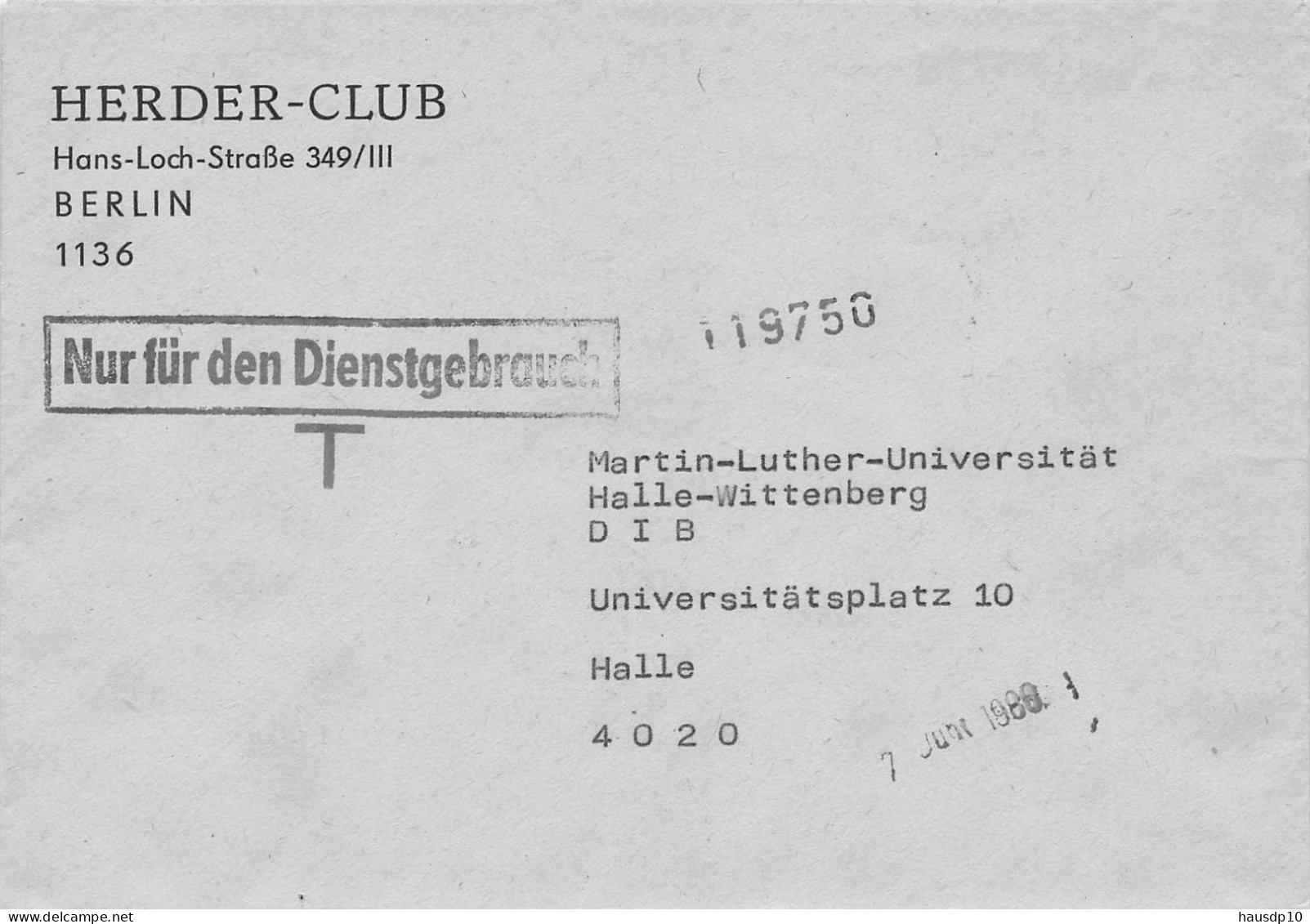 DDR Dienst Brief - Nur Für Den Dienstgebrauch - HERDER CLUB Berlin 1988 - Centrale Postdienst