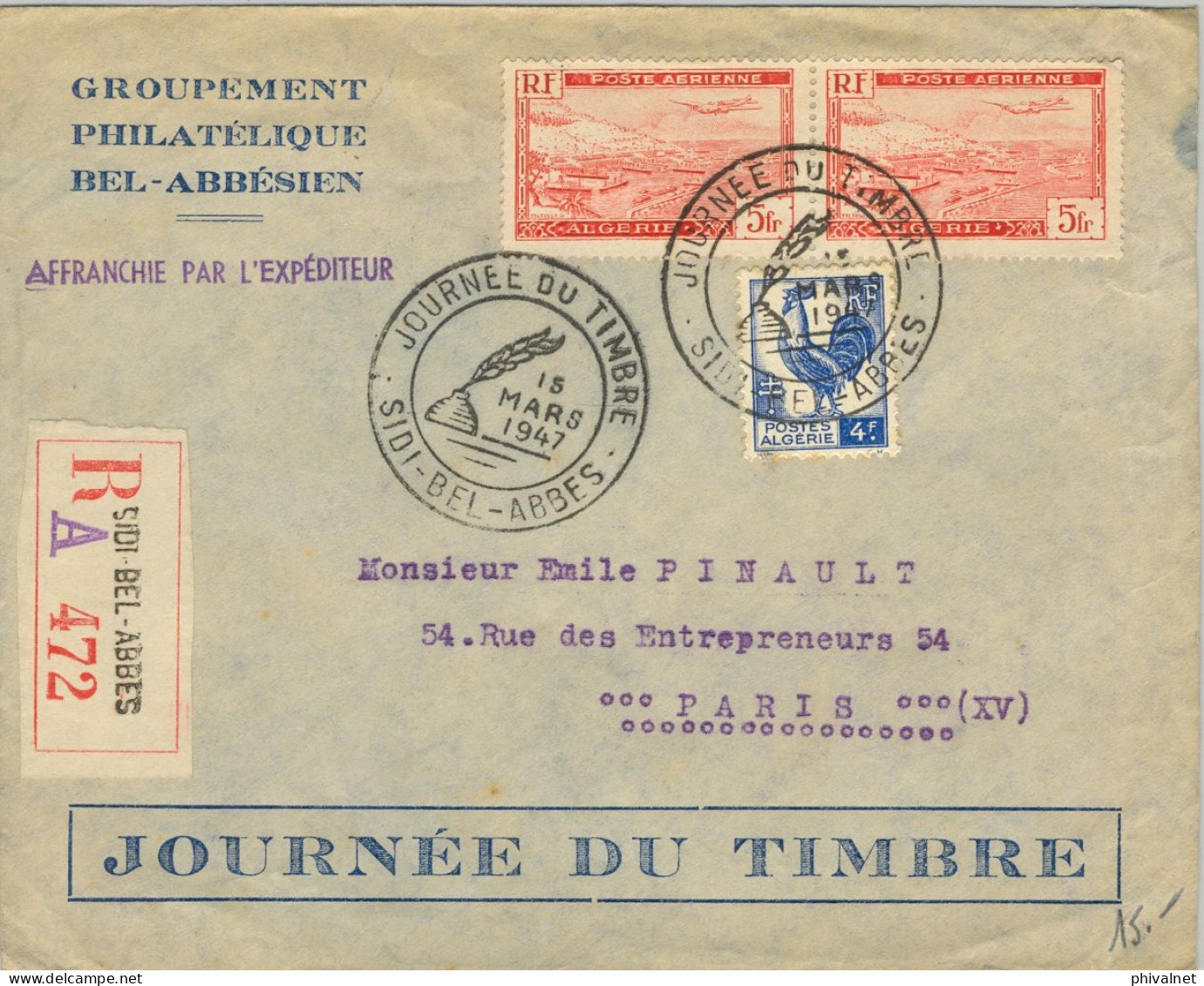 1947 SIDI - BEL - ABBES / PARIS , SOBRE CERTIFICADO , JOURNÉE DU TIMBRE , CORREO AÉREO . LLEGADA AL DORSO - Lettres & Documents