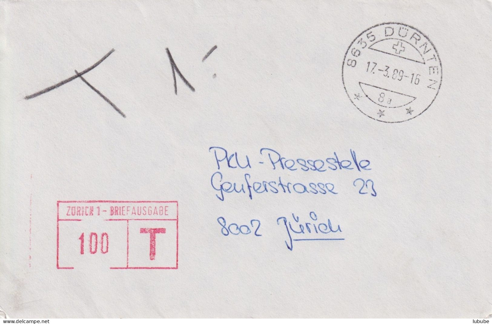 Taxierter Brief  Dürnten - Zürich  (Tax Freistempel)        1989 - Cartas & Documentos