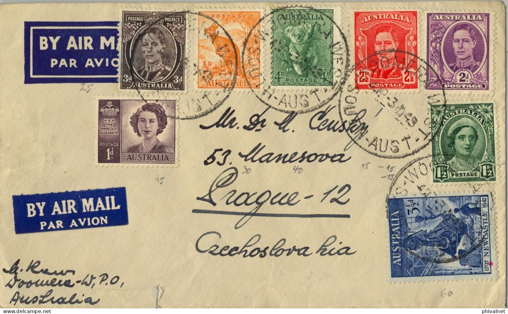 1949 AUSTRALIA , WOOMERA / PRAGA , SOBRE CIRCULADO , CORREO AÉREO , LLEGADA , FRANQUEO MÚLTIPLE - Covers & Documents