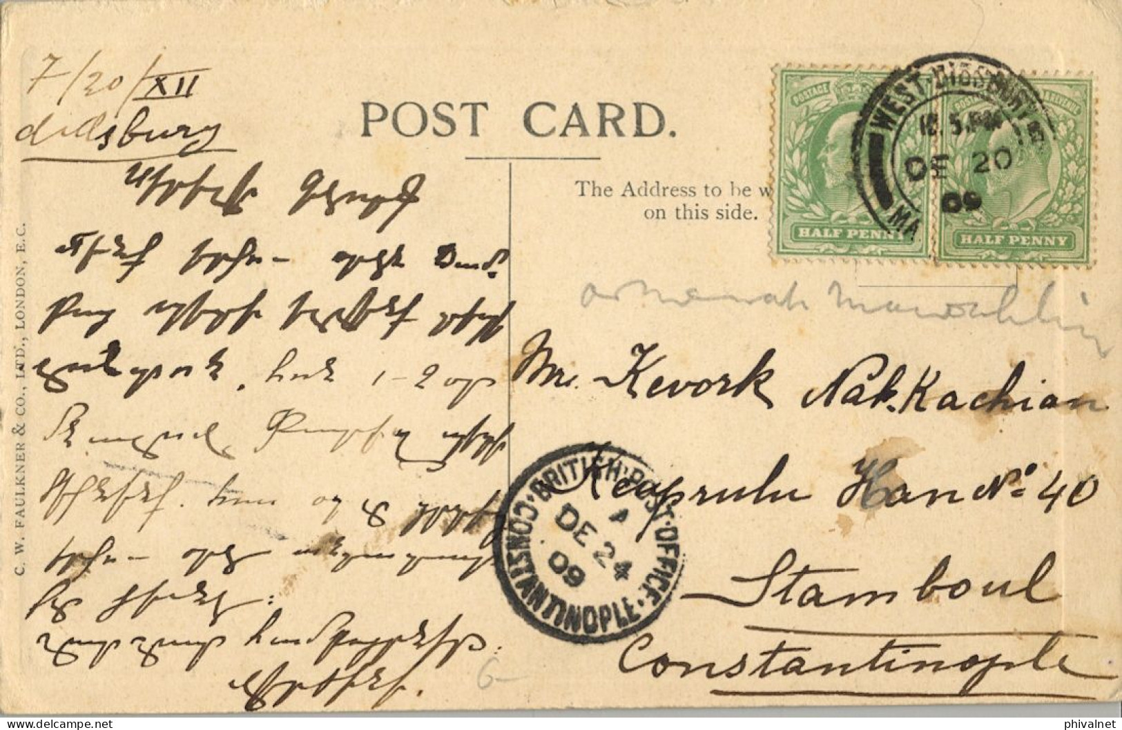 1909 EDOUARD VII , WEST DIDSBURY / CONSTANTINOPLE , T.P. CIRCULADA , FECHADOR " BRITISH - POST - OFFICE "  , YV. 106 X 2 - Cartas & Documentos