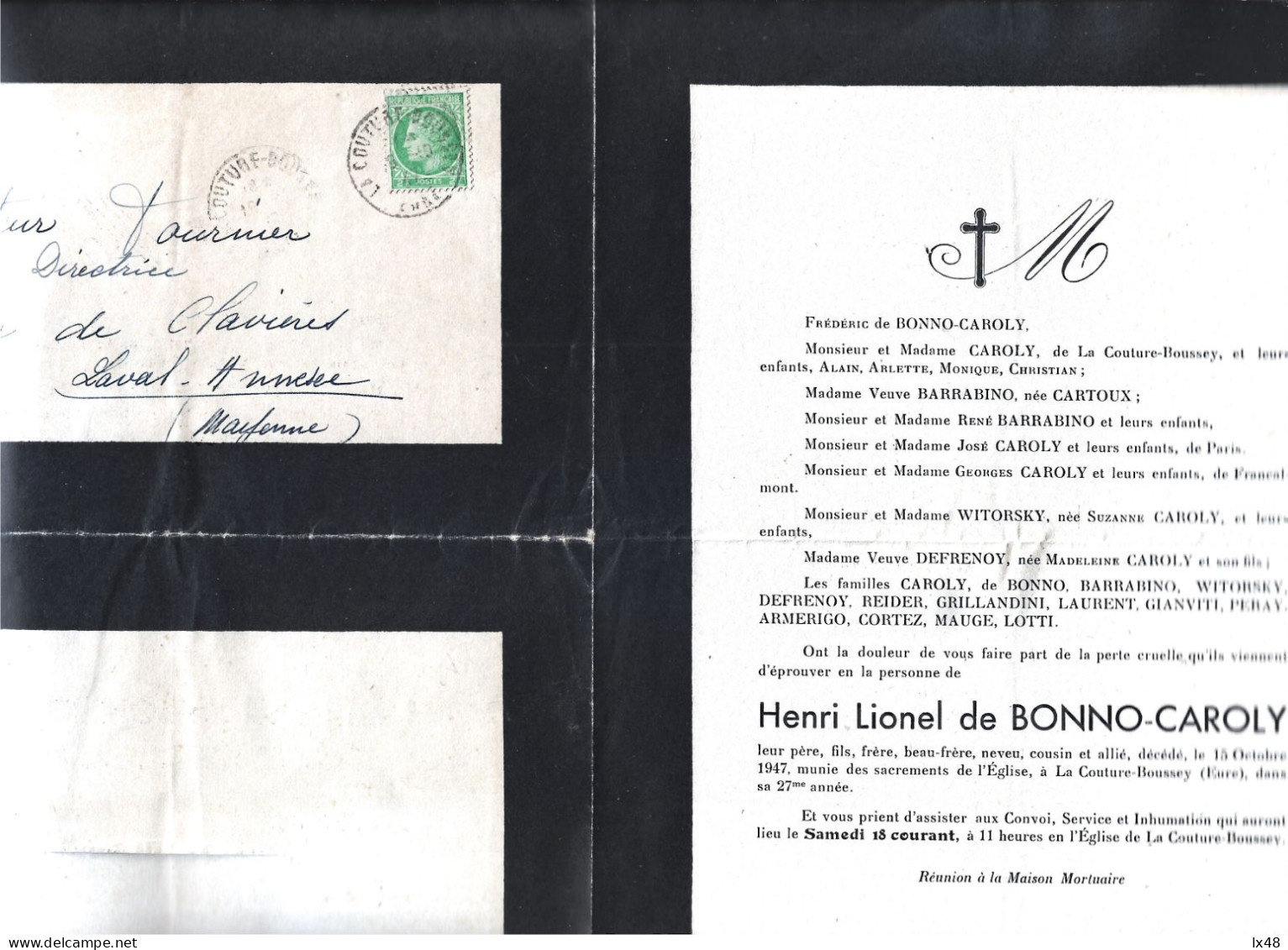 Lettre De Deuil De L'Église De Couture-Boussey, Eure Avec Oblitération De 1947. Letter Of Mourning From The Church Of Co - 1945-47 Cérès Van Mazelin